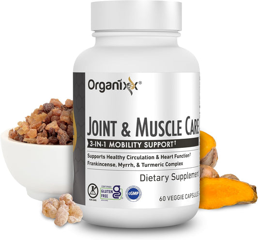 Organixx Joint & Muscle Care Organic Turmeric Supplement, 3-In-1 Frankincense, Turmeric And Myrrh Joint Health & Joint Support Supplement Body Care Capsules, Supports Swelling, Tension, 60 Capsules