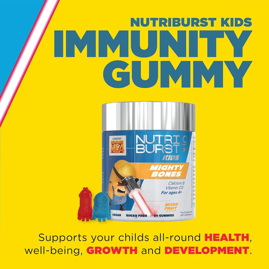 Nutriburst Minions Mighty Bones Vitamins For Kids - Chewable Vitamin D3 + Calcium Gummies For Healthy Bone Development - Vegan + Sugar Free - Fruity Flavour - 60 Gummies