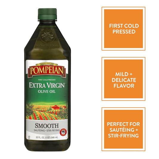 Pompeian Smooth Extra Virgin Olive Oil, First Cold Pressed, Mild And Delicate Flavor, Perfect For Sauteing & Stir-Frying, Naturally Gluten Free, Non-Allergenic, Non-Gmo, 32 Fl Oz