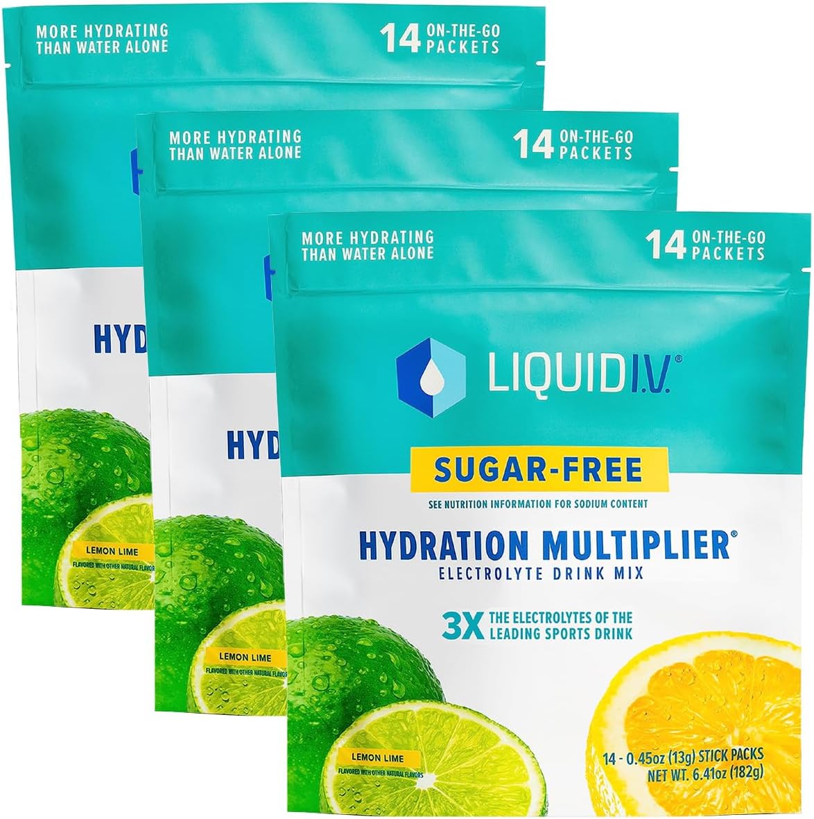 Liquid I.V. Sugar-Free Hydration Multiplier - Lemon Lime ? Sugar-Free Hydration Powder Packets | Electrolyte Powder Drink Mix | Easy Open Single-Serving Sticks | Non-GMO | 3 Pack (42 Servings)