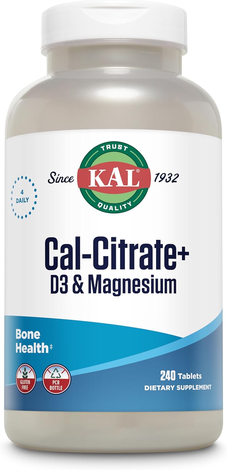 Kal Cal-Citrate+, Calcium Citrate Plus Vitamin D-3 And 500 Mg Of Magnesium, Healthy Bones And Teeth Support, Gluten Free And Lab Verified For Quality, 60 Servings, 240 Tablets