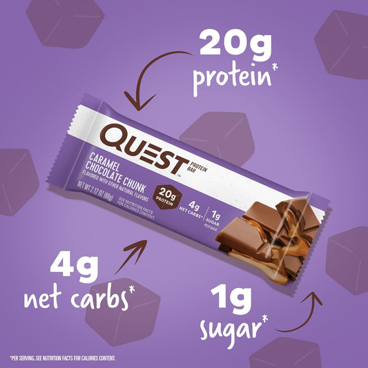 Quest Nutrition Caramel Chocolate Chunk Protein Bar, 20G Protein, 1G Sugar, 4G Net Carbs, Gluten Free, Keto Friendly, 12 Count