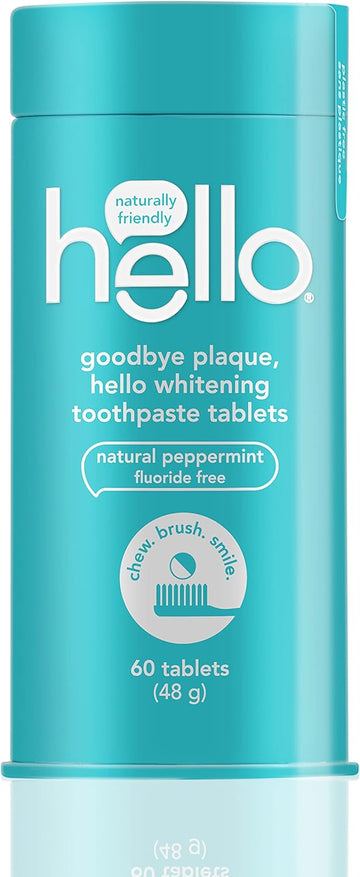 Hello Goodbye Plaque + Whitening Fluoride-Free Travel Toothpaste Tablets, Plastic-Free, Natural Peppermint, Vegan, Sls Free, Peroxide Free, 60 Tablets (48 G)