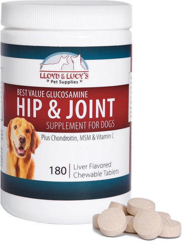 Lloyd & Lucy's Hip and Joint Supplement for Dogs - Chewable Multivitamin with Glucosamine, Chondroitin, MSM and Vitamin C - Healthy Liver Flavored Treat Pets Will Love - 180 Ct Tablets