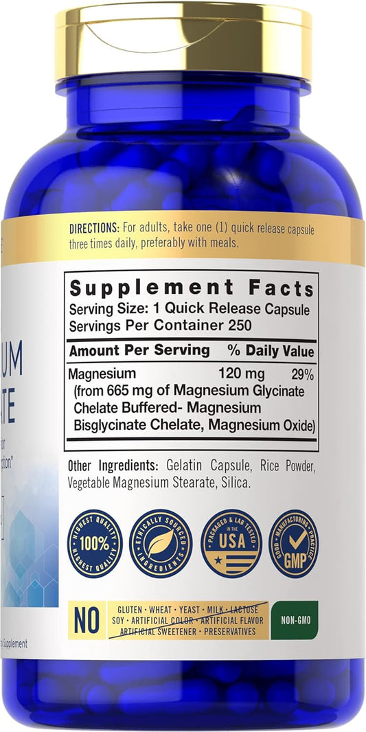 Magnesium Glycinate | 665 mg | 250 Capsules | Non-GMO and Gluten Free Formula | Essential Buffered Mineral Supplement | by Carlyle