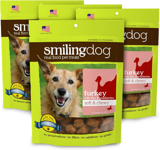 Herbsmith Smiling Dog Treats - Soft And Chewy Dog Treats For Senior Dogs - Dog Training Treats Turkey, Flax, And Cranberry Treats For Dogs - 8 Oz