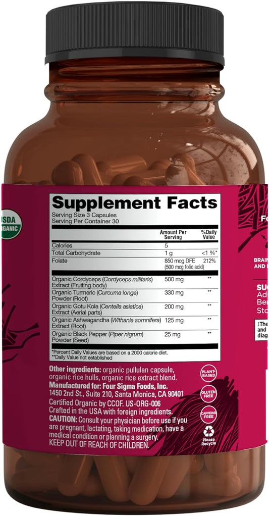 Four Sigmatic Memory Capsules | Reduce Brain Fog & Improve Memory | Nootropic Memory Supplement for Brain Support with Cordyceps Mushroom, Gotu Kola, Turmeric, Ashwagandha & Folate | 30 Servings
