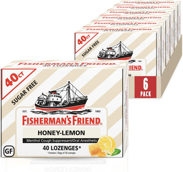 Fisherman's Friend Cough Drops, Cough Suppressant and Sore Throat Lozenges, Sugar Free Honey-Lemon, 5.52mg Menthol, 240 Drops (6 Packs of 40)