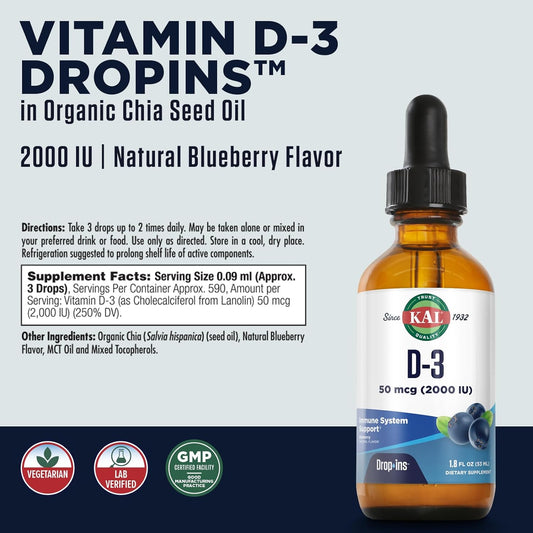 KAL Vitamin D3 2000 IU (50 mcg) DropIns - Liquid Vitamin D3 Drops - Bone Strength and Immune Support Supplement - Natural Blueberry Flavor - Vegetarian, 60-Day Guarantee, Approx. 590 Servings, 1.8oz