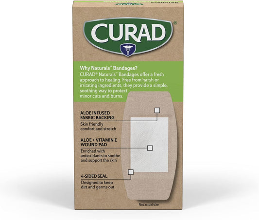 Curad Naturals Ale Vera & Vitamin E Bandages 2" X 4", Individually Wrapped Sterile Bandages, First Aid Kit Essential, Protects Scrapes And Cuts, Absorbent And Self-Adhesive, 8 - Count Box