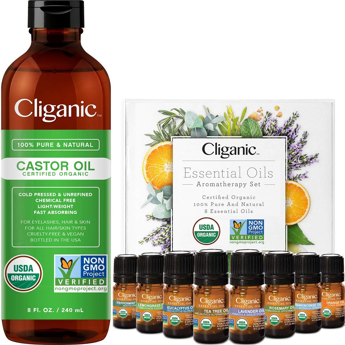 Cliganic Organic Castor Oil With Top 8 Essential Oils Set