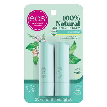 Eos 100% Natural & Organic Lip Balm Sticks- Sweet Mint, All-Day Moisture, Dermatologist Recommended For Sensitive Skin, 0.14 Oz, 2-Pack