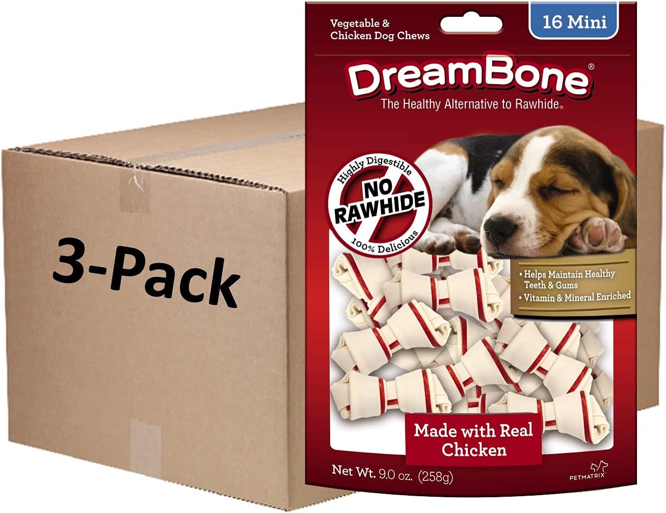 Dreambone Mini Chews With Real Chicken 16 Count, Rawhide-Free Chews For Dogs, 9 Ounce, Package May Vary (3 Pack)