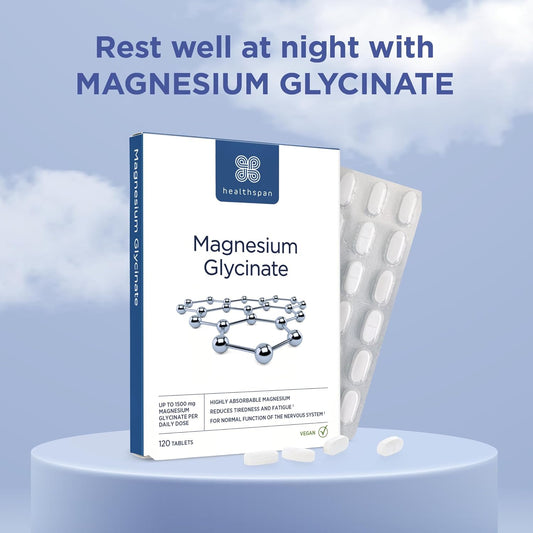 Healthspan Magnesium Glycinate 1500Mg (120 Tablets) | Unwind At Bedtime | Reduces Tiredness & Fatigue | Maintains Normal Muscle & Psychological Function | Gentle On Your Stomach | Vegan