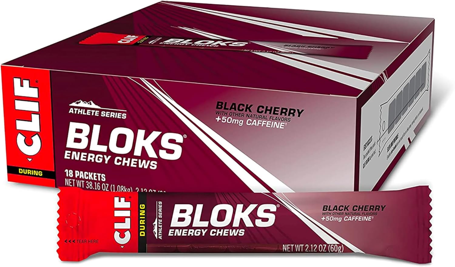 CLIF BLOKS Orange Flavor (2.12 oz., 18 Count) and Black Cherry Flavor with Caffeine (2.12 oz., 18 Count) Energy Chews Bundle : Health & Household