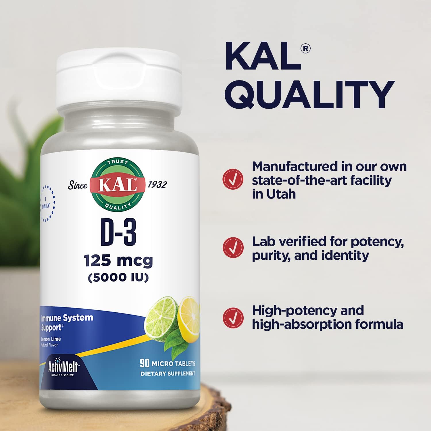 KAL Vitamin D-3 5000 IU ActivMelt, Instant Dissolve, Natural Lemon Lime Flavor, Healthy Immune Function & Bone Support, 90 Servings, 90 Micro Tablets : Health & Household