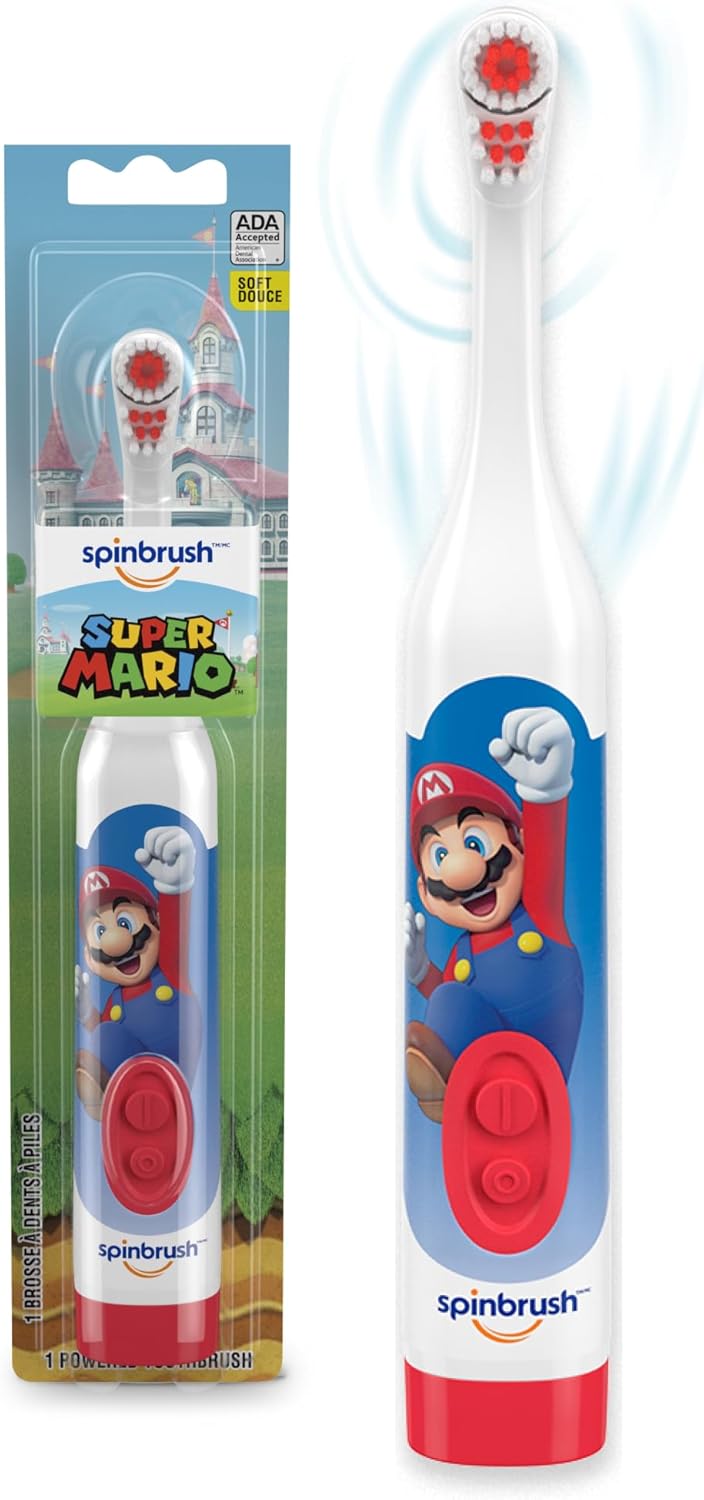 Spinbrush Super Mario Kid’S Electric Battery Toothbrush, Soft, 1 Ct, Character May Vary