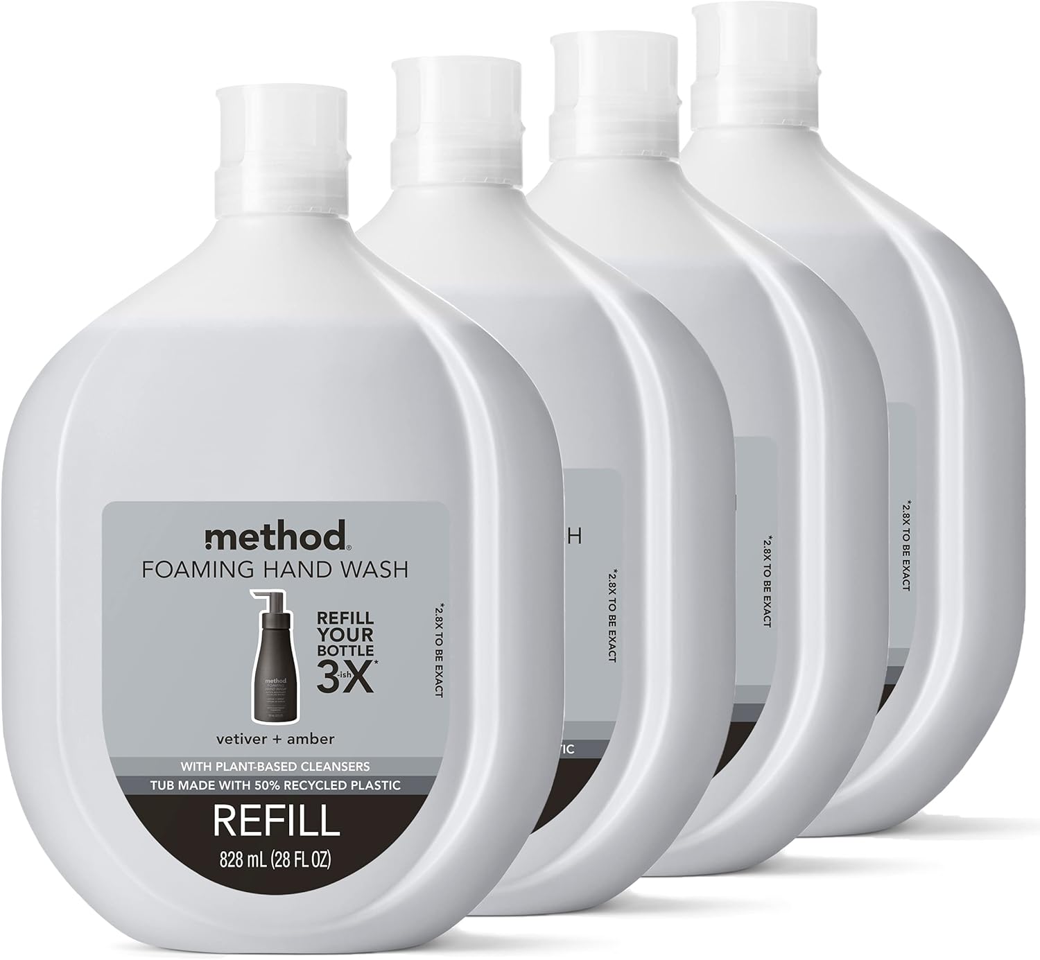 Method Premium Foaming Hand Wash Refill, Vetiver + Amber, Recyclable Bottles, Biodegradable Formula, 28 Fl Oz (Pack Of 4)