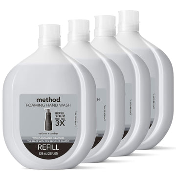 Method Premium Foaming Hand Wash Refill, Vetiver + Amber, Recyclable Bottles, Biodegradable Formula, 28 fl oz (Pack of 4)