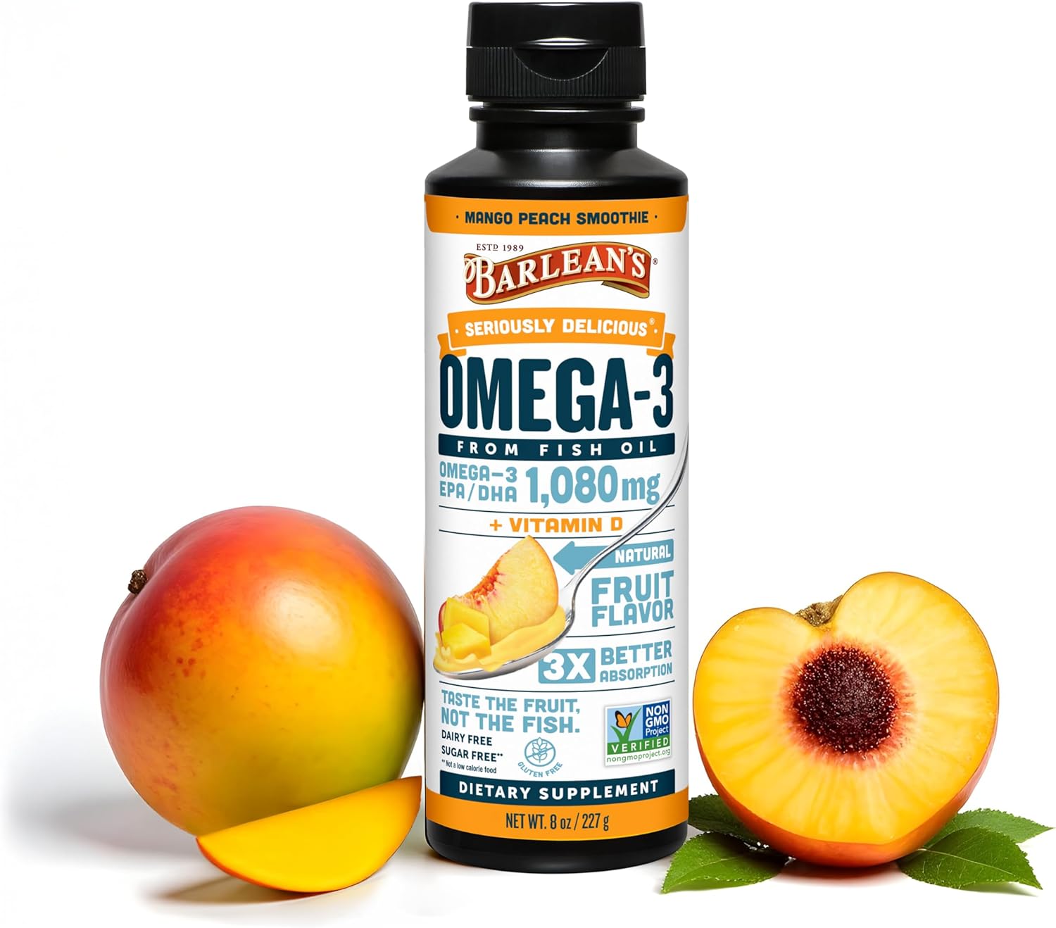 Barlean'S Mango Peach Omega 3 Fish Oil Liquid Supplement With Vitamin D, 1080Mg Epa & Dha Fatty Acid, Smoothie Flavored & Burpless For Brain, Joint, & Heart Health, 8 Oz