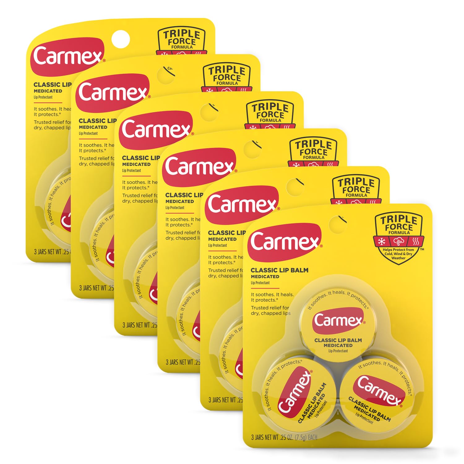 Carmex Medicated Lip Balm Jar, Lip Moisturizer For Dry, Chapped Lips, 0.25 Oz - (6 Packs Of 3)