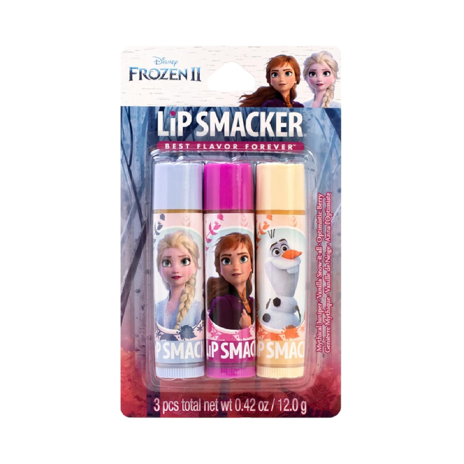 Lip Smackers Disney Frozen 2 Flavored Lip Balm Trio, Mythical Juniper, Vanilla Snow-It-All, Optimistic Berry, Set Of 3, Clear, For Kids, Men, Women