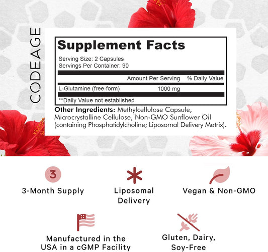 Codeage L-Glutamine 1000Mg Supplement, Free-Form Amino Acid Glutamine, Liposomal Delivery For Enhanced Absorption, 3-Month Supply, Vegan & Non-Gmo, Gut Health, Immune, Muscles Support, 180 Capsules