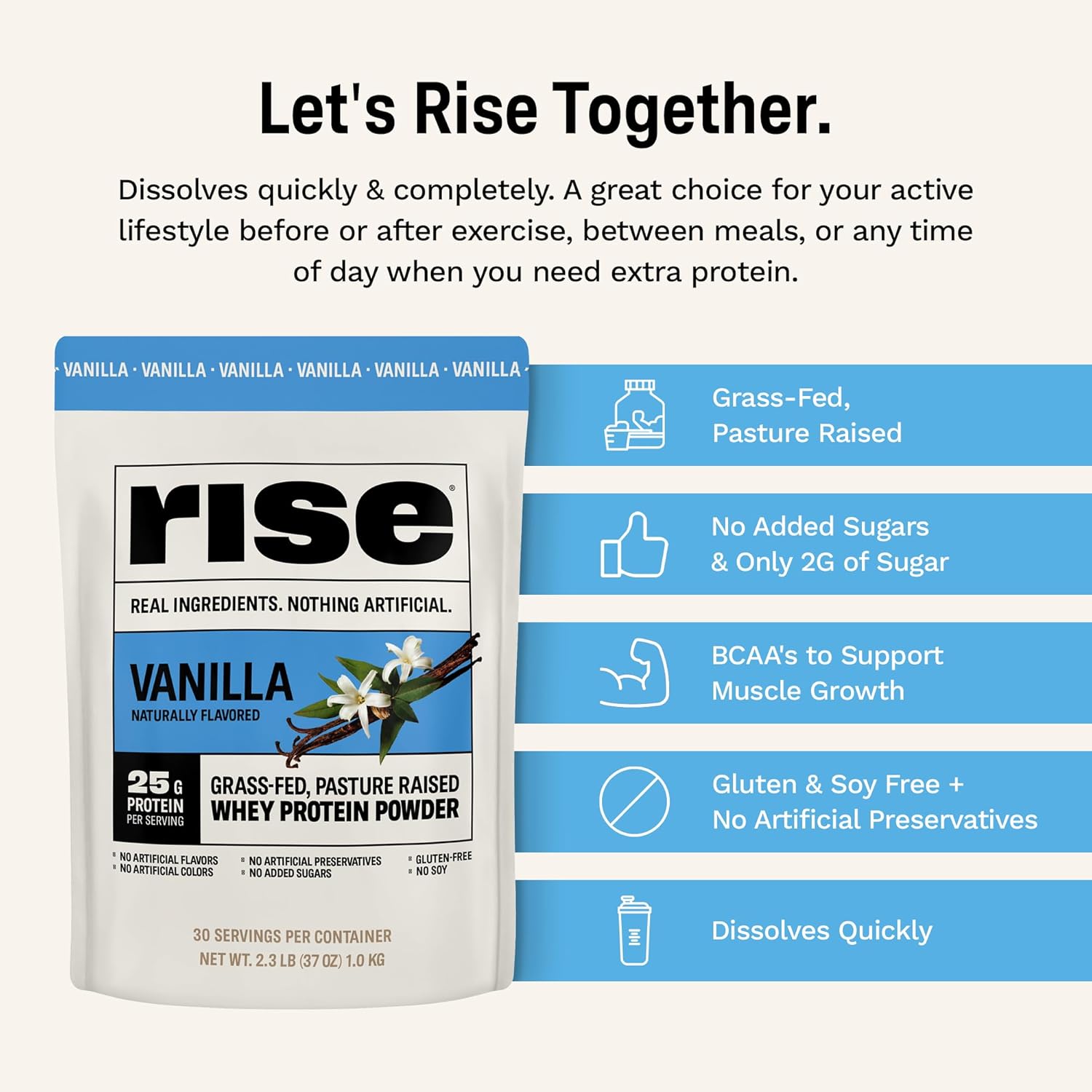 Rise Whey Protein Powder - Vanilla | 25g Protein No Artificial Flavors, Colors, or Preservatives - Sugar Free, Gluten-Free, Soy Free (2.3 lbs) : Health & Household