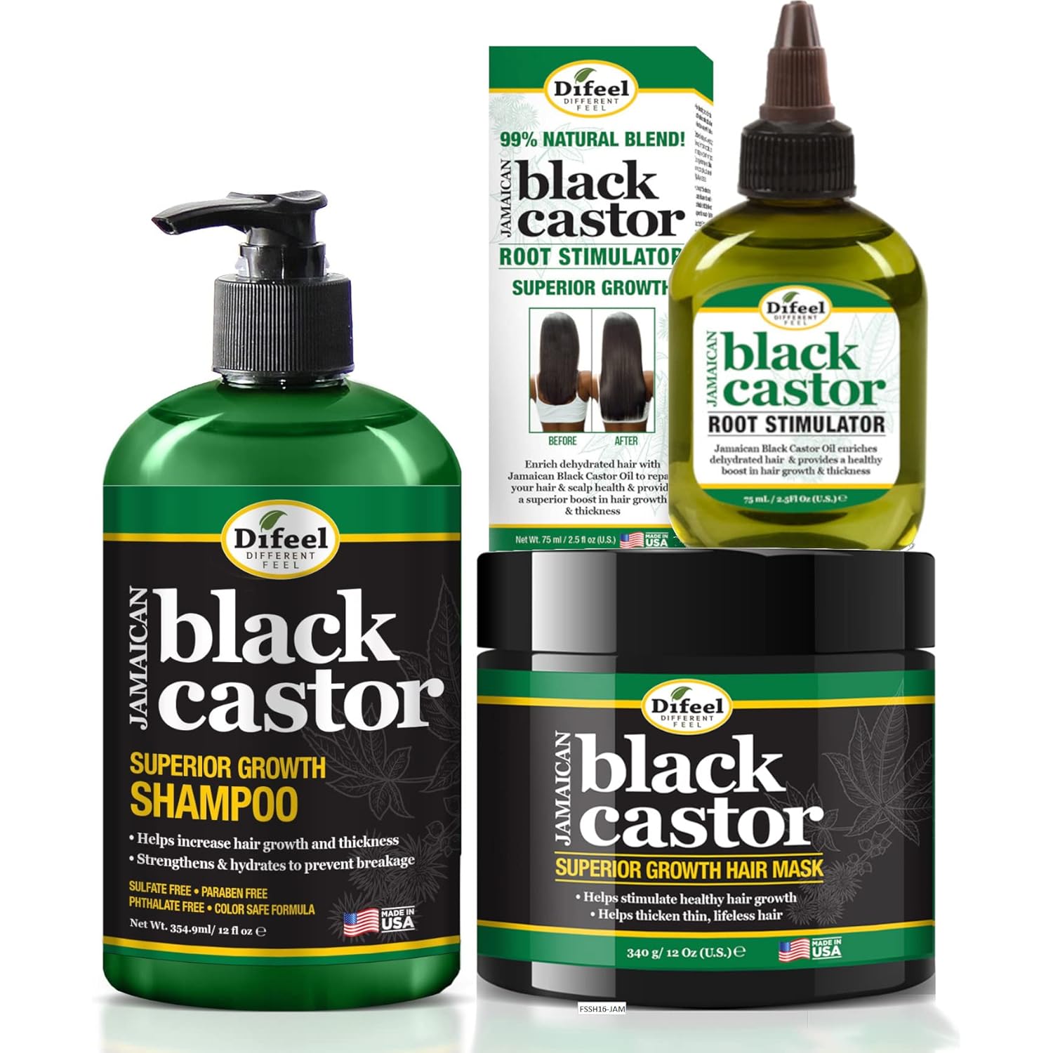 Difeel Jamaican Black Castor Superior Growth 3-Pc Hair Care Set - Includes 12 Oz Shampoo, 12 Oz Hair Mask & 2.5 Oz. Root Stimulator