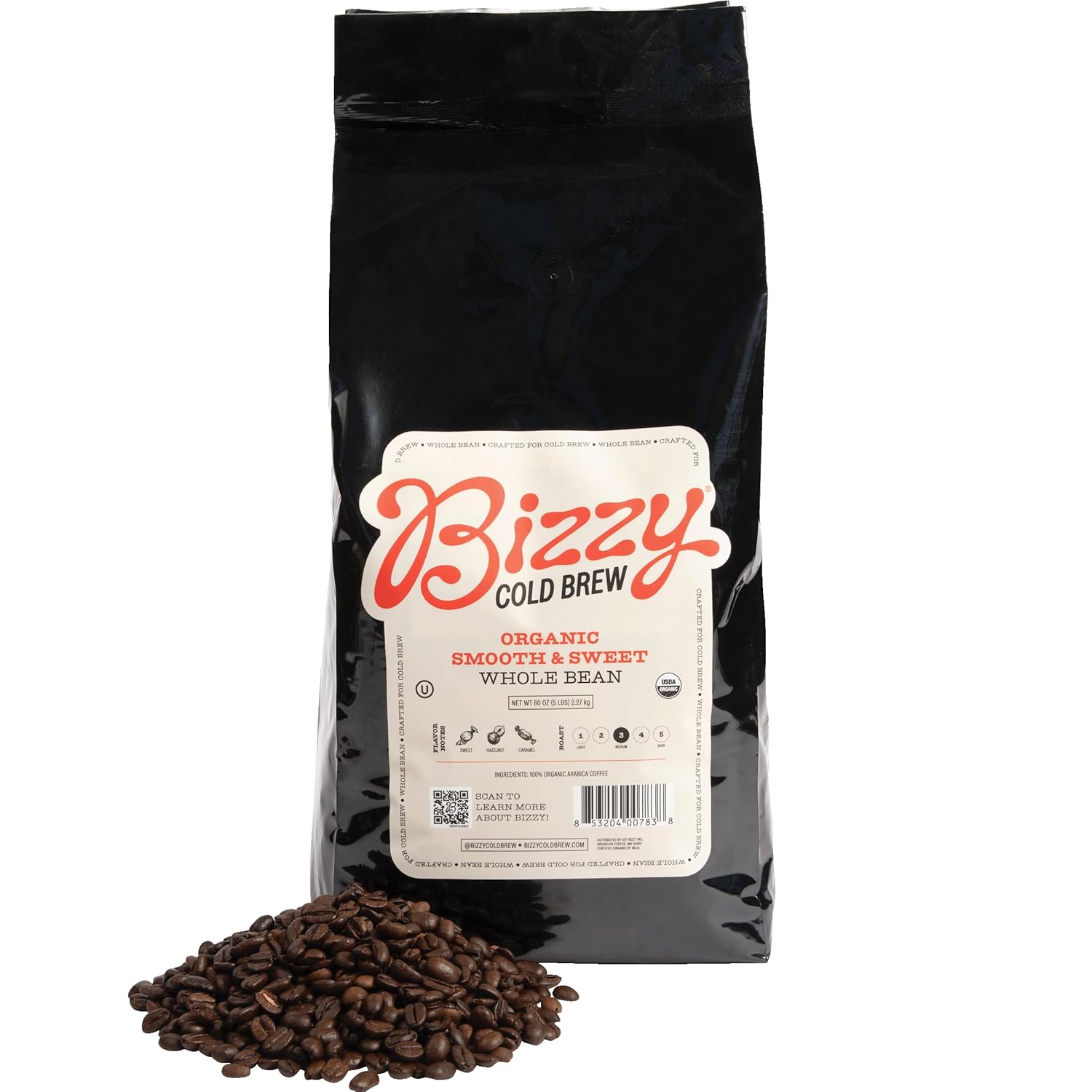 Bizzy Organic Cold Brew Coffee | Smooth & Sweet Blend | Whole Bean Coffee | Medium Roast | 100% Arabica | 5 Lb