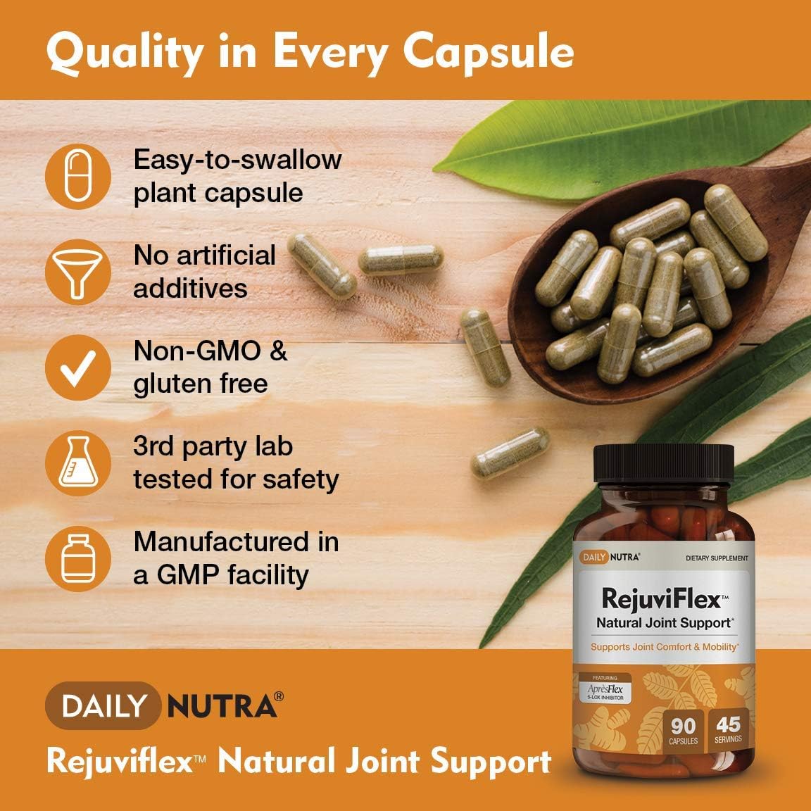 DailyNutra RejuviFlex - Natural Joint Supplement w/ApresFlex Boswellia AKBA, Turmeric Curcumin, Piperine & White Willow Bark - for Function of Hands, Knees, Overall Joint Health (90 Capsules) : Health & Household