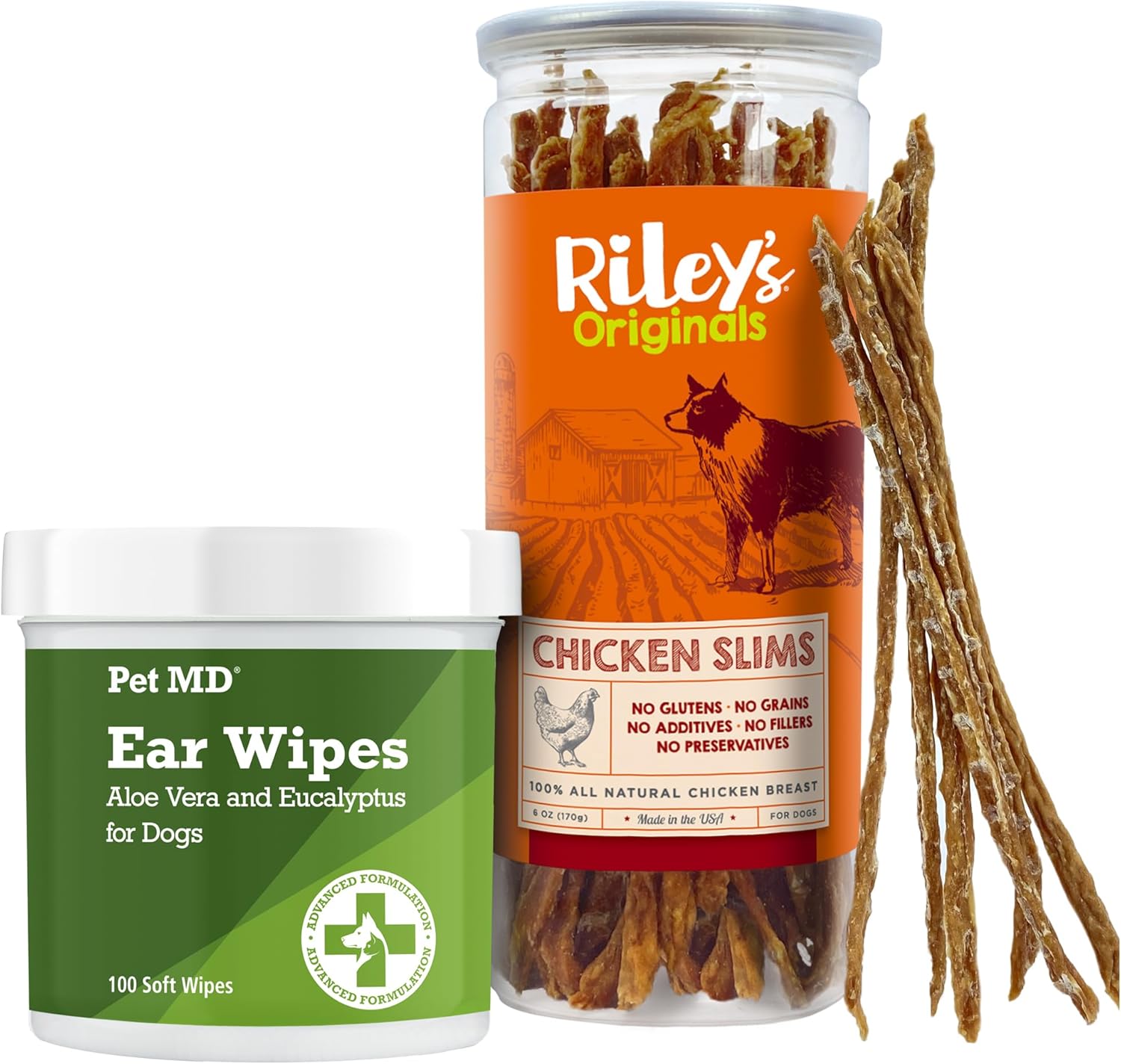 Pet Md Dog Ear Cleaner Wipes + Riley'S Chicken Strips For Dogs Bundle