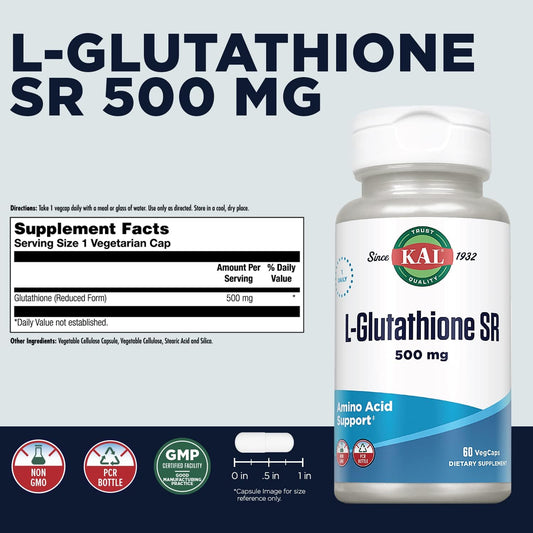 KAL L-Glutathione SR, Reduced Glutathione Supplement, High Absorption Antioxidant Supplement, Lab Verified, 60-Day Guarantee, 60 Servings, 60 VegCaps