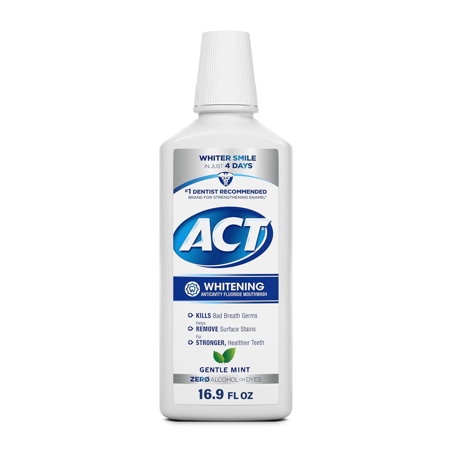 Act Whitening + Anticavity Fluoride Mouthwash 16.9 Fl. Oz. With Zero Alcohol, Dye Free, Gentle Mint