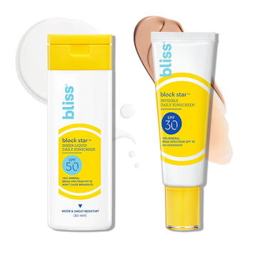 Bliss Block Star Spf 30 Invisible Daily Tinted Sunscreen With Zinc Oxide, Sunscreen & Makeup Primer + Block Star Sheer Tinted Face Sunscreen Spf 50