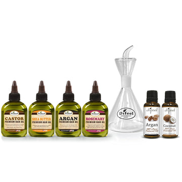 Difeel Beaker & Blend Hair & Essential Oil Kit #1 - Includes Castor, Shea Butter, Argan, Rosemary Hair Oils, Argan & Coconut Essential Oils And A Mixing Beaker - Customizable Hair Treatment Collection