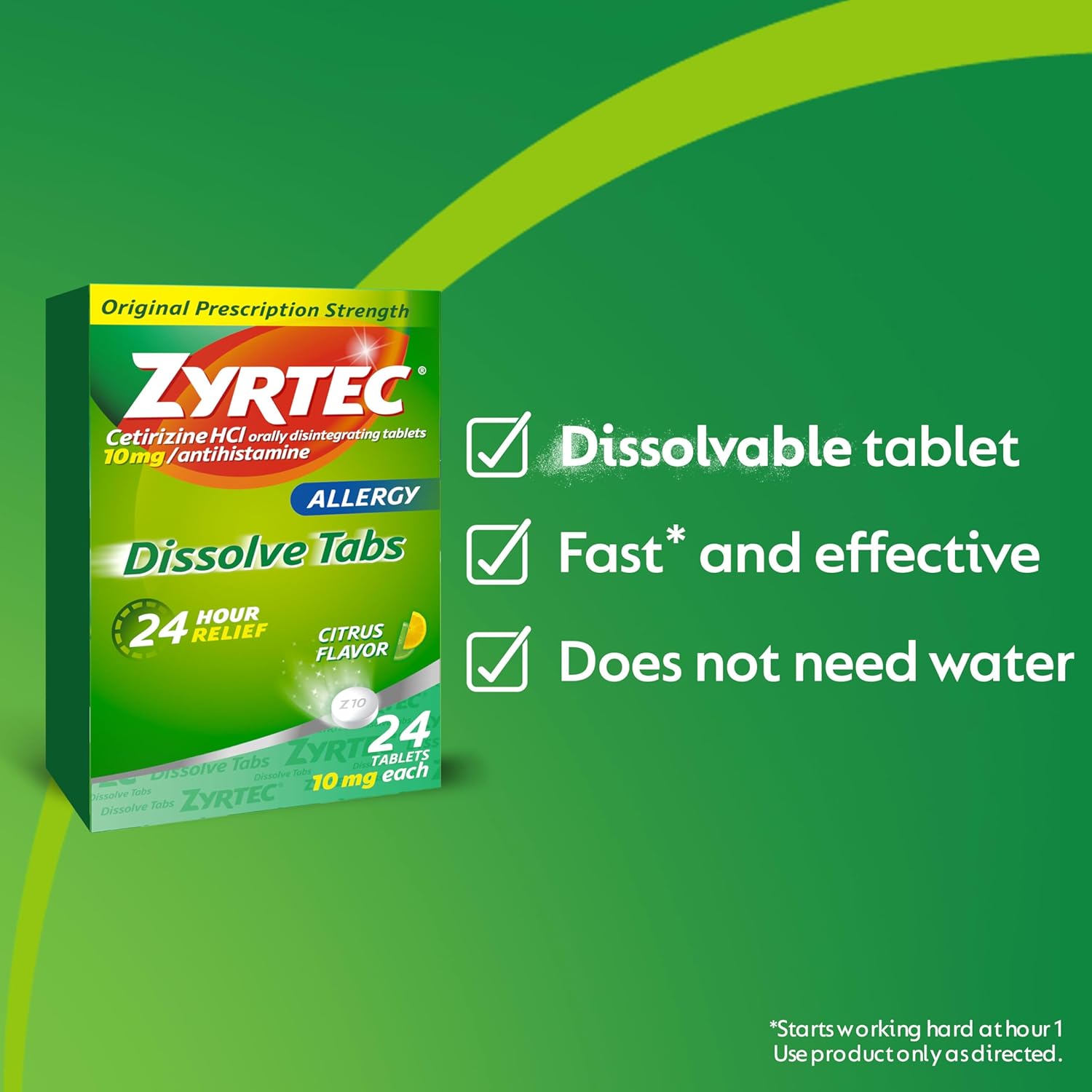 Zyrtec 24 Hour Allergy Relief Dissolving Tablets with 10 mg Cetirizine HCl Antihistamine, Allergy Medicine for Relief from Allergies Caused by Ragweed & Tree Pollen, Citrus Flavor, 24 ct : Health & Household