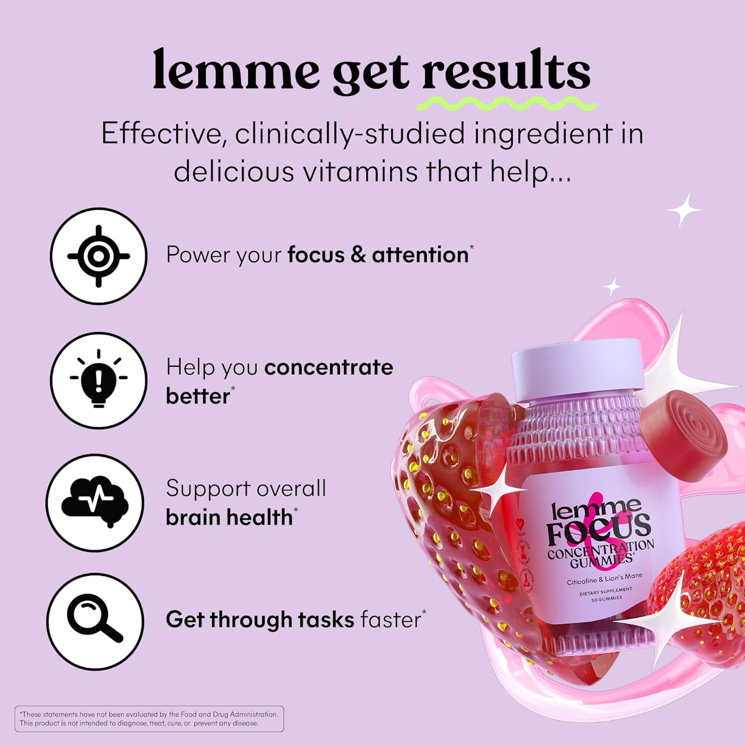 Lemme Focus Concentration & Brain Health Gummies With Cognizin Citicoline, Lion'S Mane Mushroom, Vitamin B12 To Support Focus + Concentration - Gluten Free, Caffeine Free, Strawberry (50 Count)