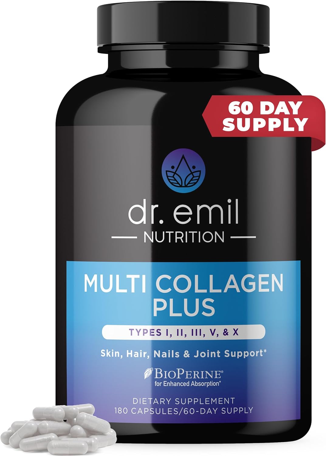 Dr. Emil Nutrition Multi Collagen Pills - 180 Capsules - Collagen Supplements To Support Hair, Skin, Nails, & Joints - Hydrolyzed Collagen Supplements For Women With Types I, Ii, Iii, V & X