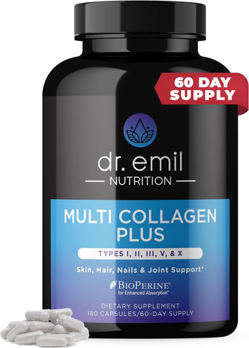 Dr. Emil Nutrition Multi Collagen Pills - 180 Capsules - Collagen Supplements To Support Hair, Skin, Nails, & Joints - Hydrolyzed Collagen Supplements For Women With Types I, Ii, Iii, V & X