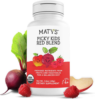 Matys Organic Picky Kids Red Blend, Fruit And Veggies Supplement Powder For Picky Eater Kids 4 Years +, Vitamin Packed Childrens Superfoods Powder For Meals With Berries, Beets, & Bananas, 1.6 Ounces