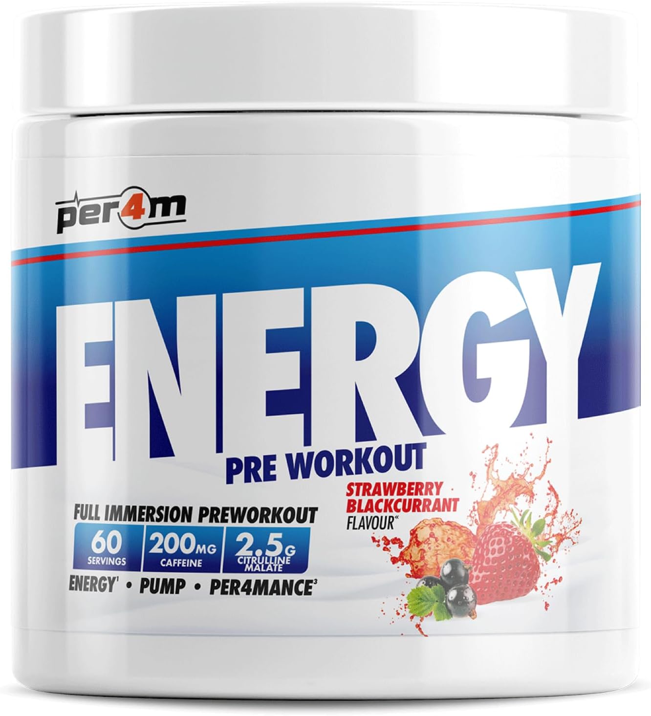 Per4M Energy Pre Workout With Amino Acids | Caffeine, Tyrosine, Citrulline & Theobromine | Endurance, Focus & Sustained Power | 60 Servings (390G, Strawberry Blackcurrant)
