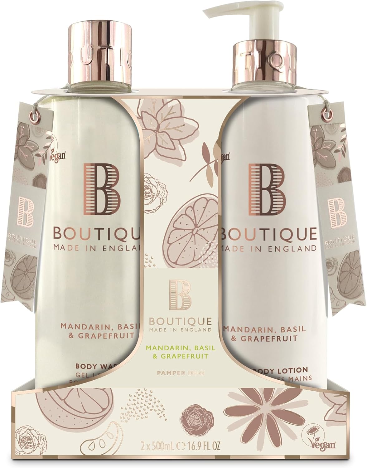 Boutique Mandarin, Basil & Grapefruit Body Duo Set - 1 X Body Wash & 1 X Hand & Body Lotion 500Ml - Essential Oils - Vegan - Made In England