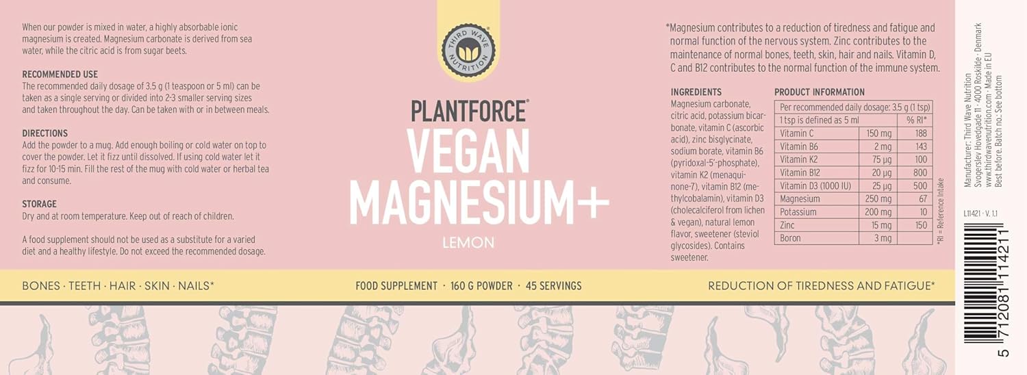 Plantforce Vegan Magnesium+ Lemon 160G Powder - 45 Servings