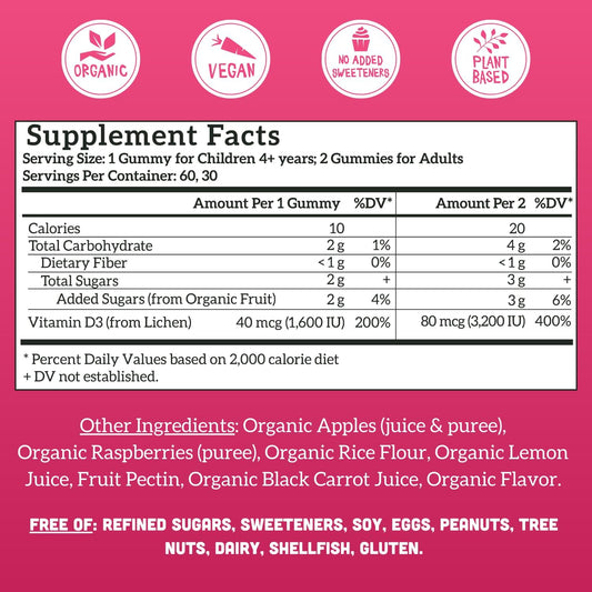 Llama Naturals Real Fruit Vitamin D3 Gummies Kids & Adults; No Added Sugar Cane, Organic, Vegan, Healthy Bones, Immunity, Mood, for Women, Men, Children; 200% DV Each; 60 ct (30-60 Days) (Raspberry)