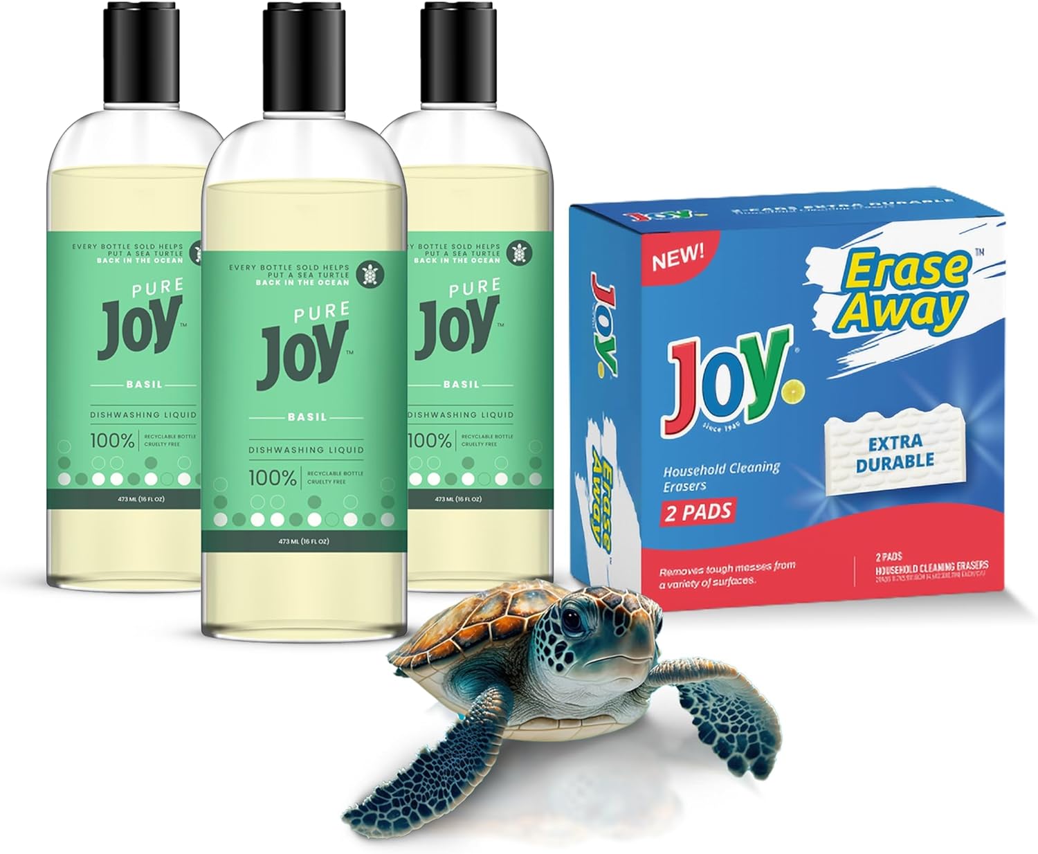 JOY Pure Natural Liquid Dish Soap | Biodegradable Formula | Basil Scent | 16 fl. oz - Pack of 3, Bundled With 2 Erase Pads (Basil)