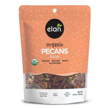 Elan Organic Raw Pecans, 4.4 oz, Unsalted, Unroasted, Shelled Raw Nuts, Non-GMO, Vegan, Gluten-Free, Kosher, Healthy Snacks