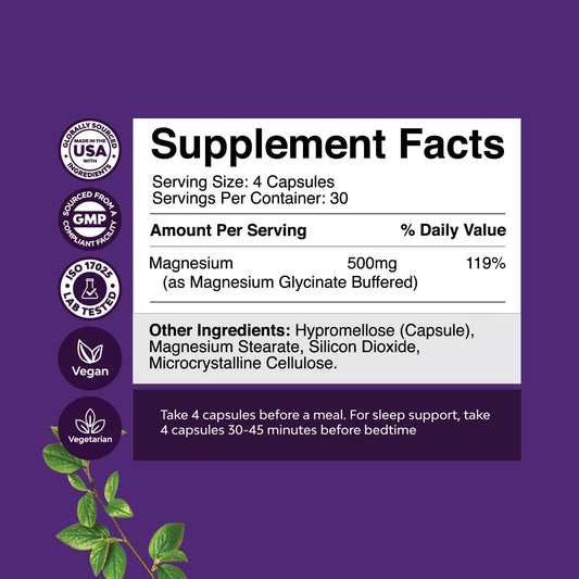 High Absorption Magnesium Glycinate Capsules - Chelated Magnesium Glycinate 500mg Per Serving for Calming Sleep Plus Muscle Bone & Nerve Support - 500mg Magnesium Glycinate GMP Certified - 120 Count