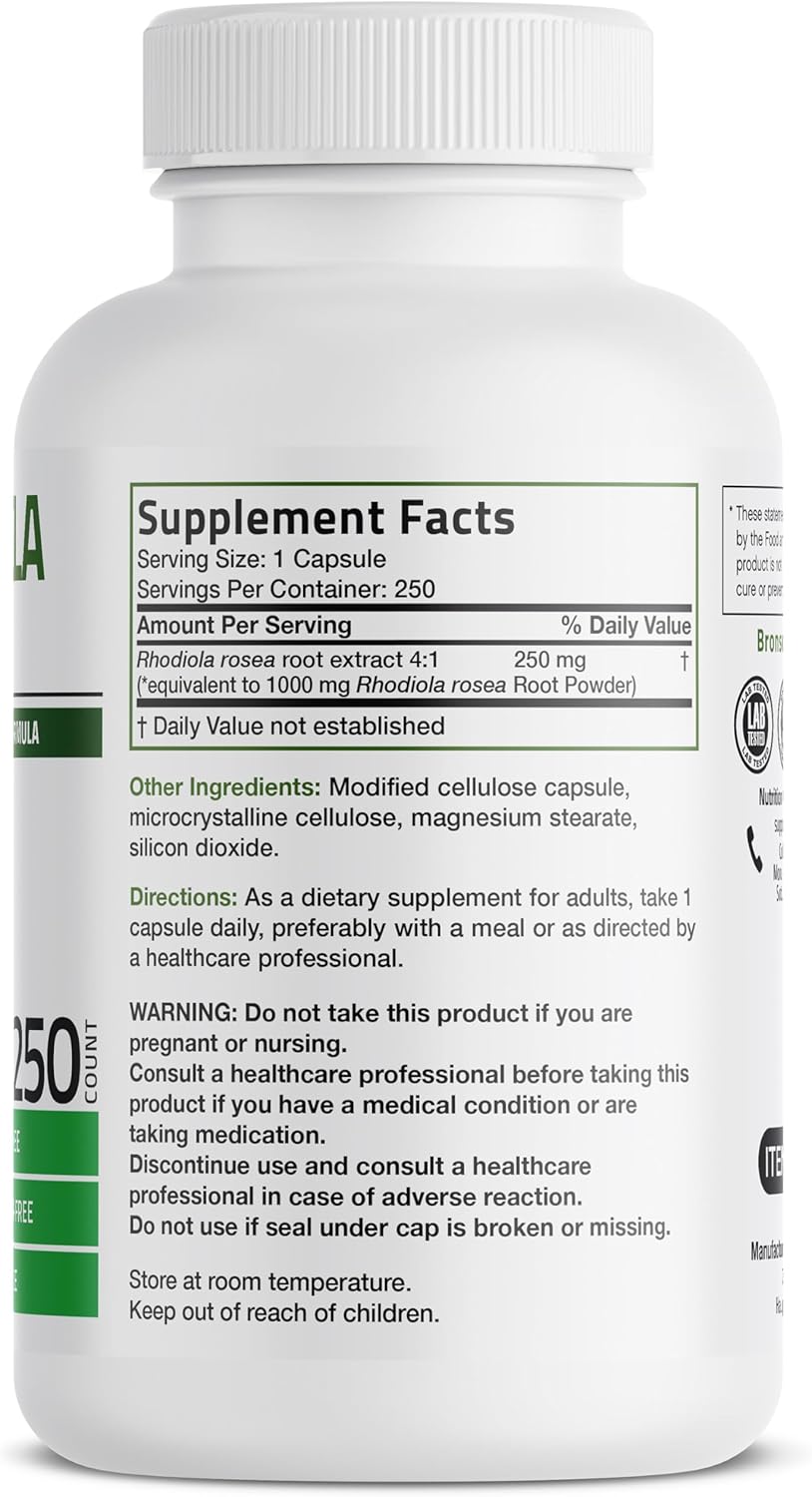 Bronson Rhodiola Rosea Vegetarian Capsules - Adaptogenic Herb - Brain, Stress & Mood Support - Non-Gmo, 250 Count