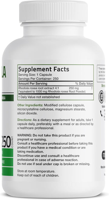 Bronson Rhodiola Rosea Vegetarian Capsules - Adaptogenic Herb - Brain, Stress & Mood Support - Non-Gmo, 250 Count